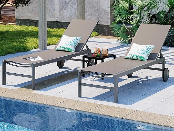 SUNLEI Lounge Chair for Outside Set of 2, Patio Chaise Lounge Outdoor w/ 5-Position Adjustable Backrest, Movable Pool Recliner Lounge Chairs, Tanning Chair for Patio, Khaki