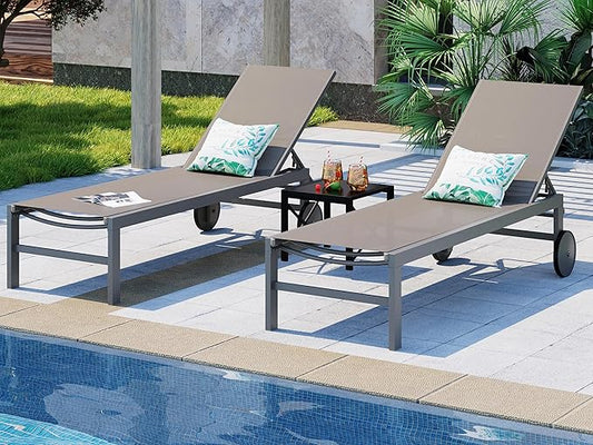 SUNLEI Lounge Chair for Outside Set of 2, Patio Chaise Lounge Outdoor w/ 5-Position Adjustable Backrest, Movable Pool Recliner Lounge Chairs, Tanning Chair for Patio, Khaki