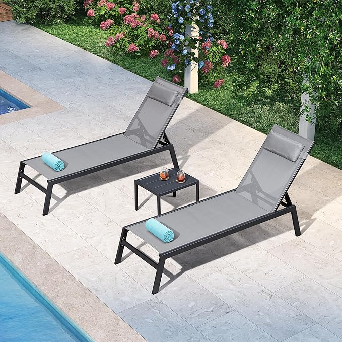 PURPLE LEAF Outdoor Lounge Chair Set Aluminum Patio Chaise Lounger with Side Table and Pillow for Outside Pool Beach Sunbathing Tanning Recliner Grey