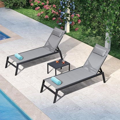 PURPLE LEAF Outdoor Lounge Chair Set Aluminum Patio Chaise Lounger with Side Table and Pillow for Outside Pool Beach Sunbathing Tanning Recliner Grey