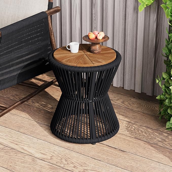 Christopher Knight Home Nara 18.9" Acacia Wood Outdoor Side Table, Hourglass Shaped with Metal Frame+Woven Rope - Photo 3