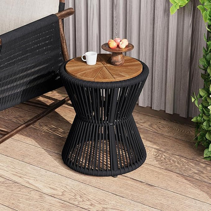 Christopher Knight Home Nara 18.9" Acacia Wood Outdoor Side Table, Hourglass Shaped with Metal Frame+Woven Rope, Outdoor Coffee Table, Garden Plant Stand Indoor, No Assembly Needed, Black+Teak