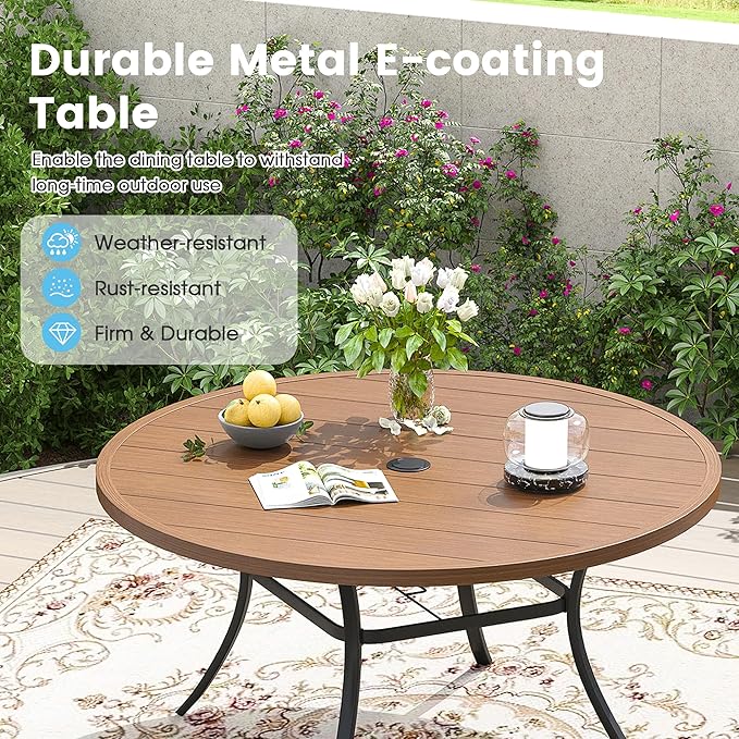 Patio Dining Table for 6-8, Round Metal Outdoor Table with 1.57" Umbrella Hole, 53" Outdoor Slat Tabletop Dining Table for Backyard, Porch, Lawn, Walnut