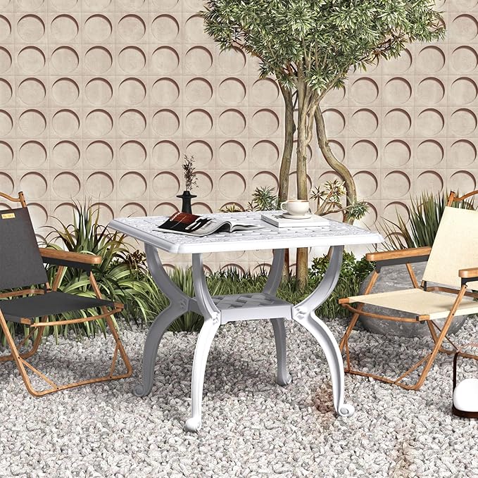 Square Outdoor Coffee Table Set of 2, Cast Aluminum Side Table with Storage,Indoor End Table, All-Weather Bistro Table for Patio Garden Lawn, White