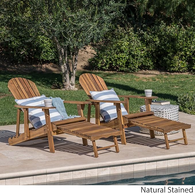GDFStudio Noble House Hayle Reclining Wood Adirondack Chair w/Footrest (Set of 2) Natural