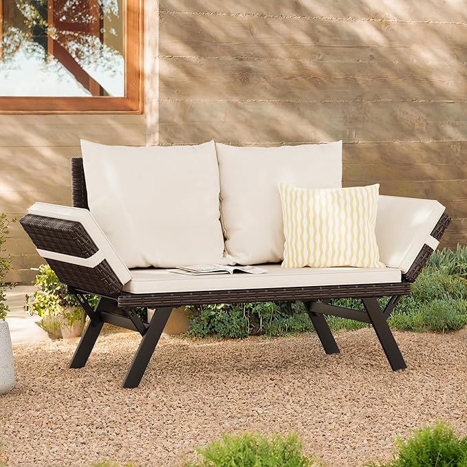 Flamaker Outdoor Convertible Sofa, Woven Rattan Patio Furniture Sunbed with Adjustable Armrests - Photo 8