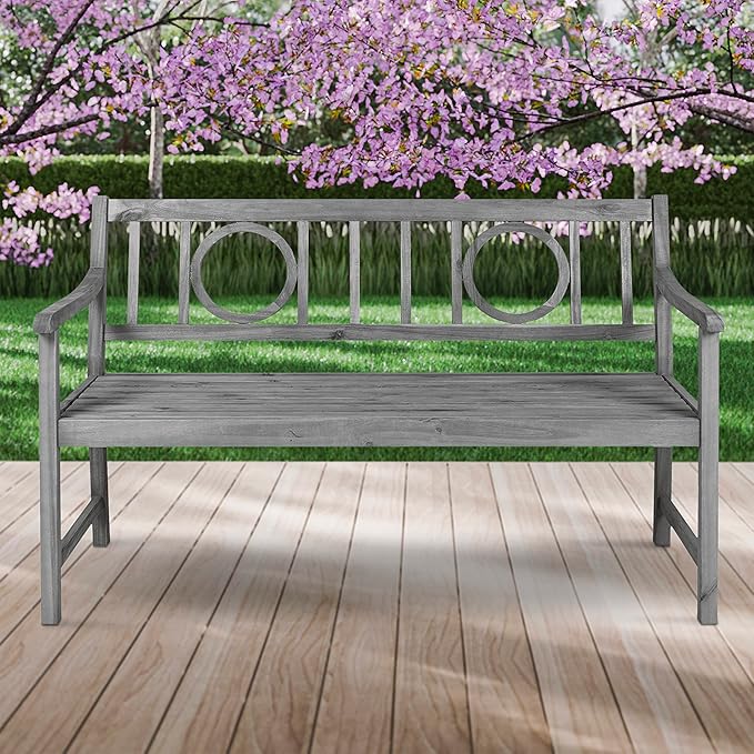Eyely HNB104B Giana 51.2" 3-Seat Circle-Back 600-Lbs Support Acacia Wood Outdoor Garden Patio Bench for Garden, Lawn, Backyard, Pool, Deck, Beach, Firepit, Gray