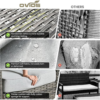 ovios Patio Furniture Set, 7 Pieces Outdoor Wicker Sofa Couch with Swivel Rocking Chairs Loveseat Comfy Cushions Rattan Conversation Set for Backyard Deck, Grey