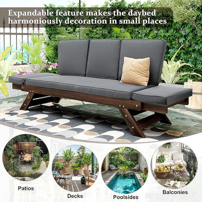 Merax Patio Sofa, Outdoor Adjustable Wooden Daybed, Chaise Lounge with Cushions, Gray