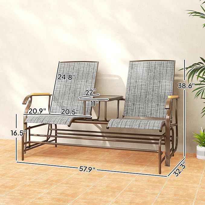 Outsunny 2 Person Outdoor Glider Bench, Patio Swing Glider Chair Loveseat with Breathable Mesh, Table - Photo 3