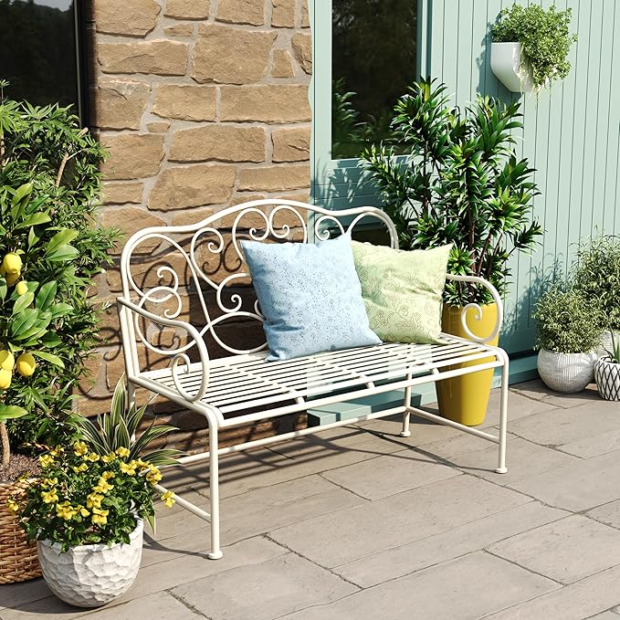 Outdoor Garden Bench, Iron Frame Patio Bench Furniture with Floral Design Backrest for Lawn, Park, Deck, White