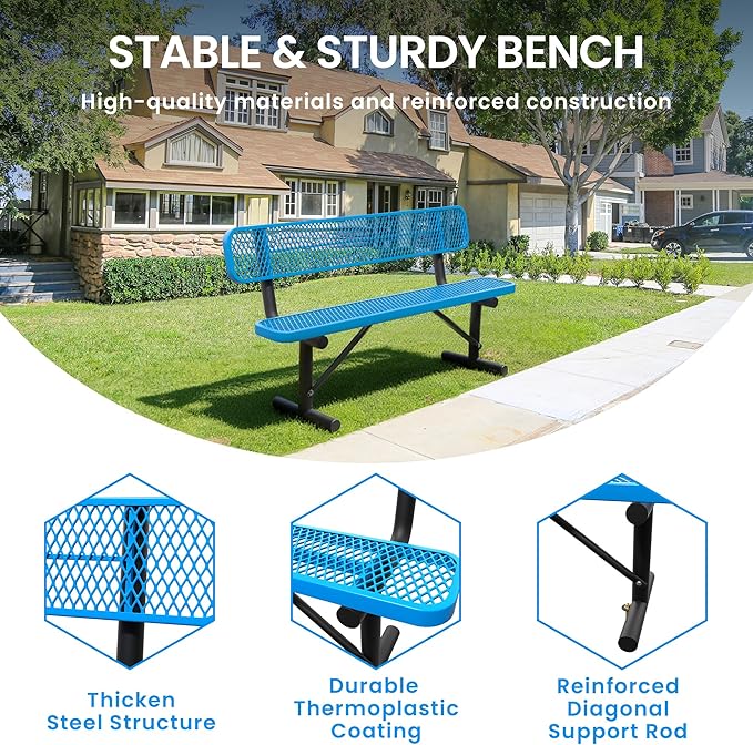 6 FT Steel Park Bench for Outside, Outdoor Bench with Backrest & Portable Frame, Thermoplastic Coating, Commercial Benches for Shopping Mall, Store, Park, Patio, Deck, Blue