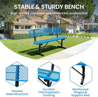6 FT Steel Park Bench for Outside, Outdoor Bench with Backrest & Portable Frame, Thermoplastic Coating, Commercial Benches for Shopping Mall, Store, Park, Patio, Deck, Blue