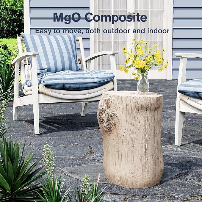 HOMPUS Concrete Outdoor Side Table Tree Stump Modern Round Coffee Table Accent Table Plant Stand Faux Wood End Table Garden Stool for Patio,Home Decor, Living Room(White)