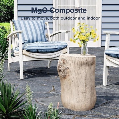 HOMPUS Concrete Outdoor Side Table Tree Stump Modern Round Coffee Table Accent Table Plant Stand Faux Wood End Table Garden Stool for Patio,Home Decor, Living Room(White)