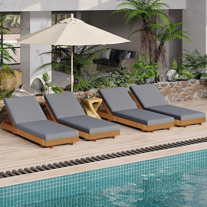 Merax 4-Piece Acacia Wood Chaise Lounge Set w/ 6-Position Adjustable Backrest & Cushion - Outdoor Patio Poolside Furniture, Grey