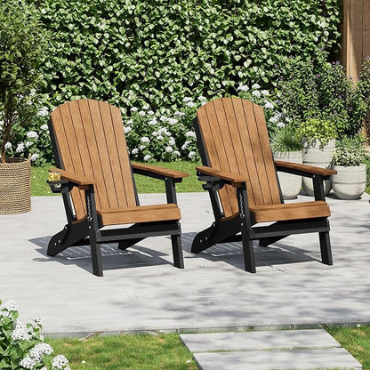 HDPE Foldable Adirondack Outdoor Chair Set of 2 with Cup Holder, Weather Resistant Heavy-Duty Patio Chair for Patio, Backyard, Deck, Fire Pit, Lawn and Porch, Black and Teak
