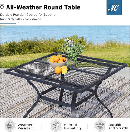 Square Patio Dining Table,All-Weather Metal Steel Mesh Patio Table with Umbrella Hole,Outdoor Dining Table for Lawn Garden Porch, Black