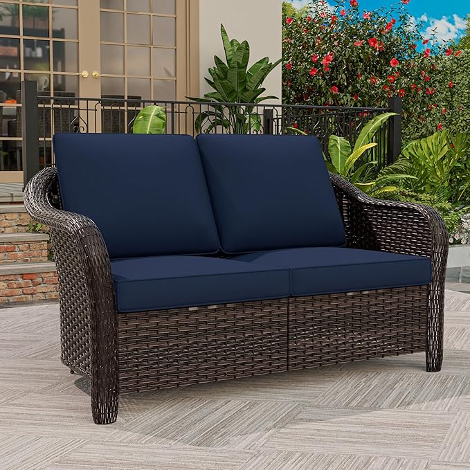 55 inch Outdoor Wicker 2 Seater Sofa, All-Weather Use Patio Rattan Loveseat with Seat and Back Cushion, Ideal for Porch - Photo 2
