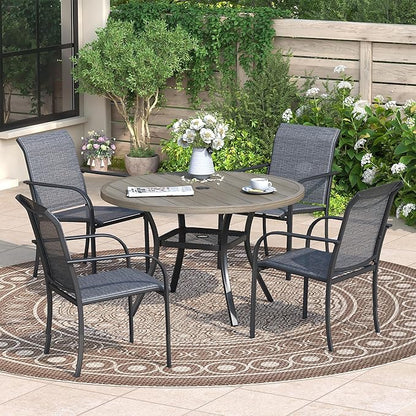 Patio Dining Table for 4, Round Metal Outdoor Table with Storage Shelf, 1.57" Umbrella Hole, 41" Outdoor Slat Tabletop Dining Table for Backyard, Porch, Lawn, Grey