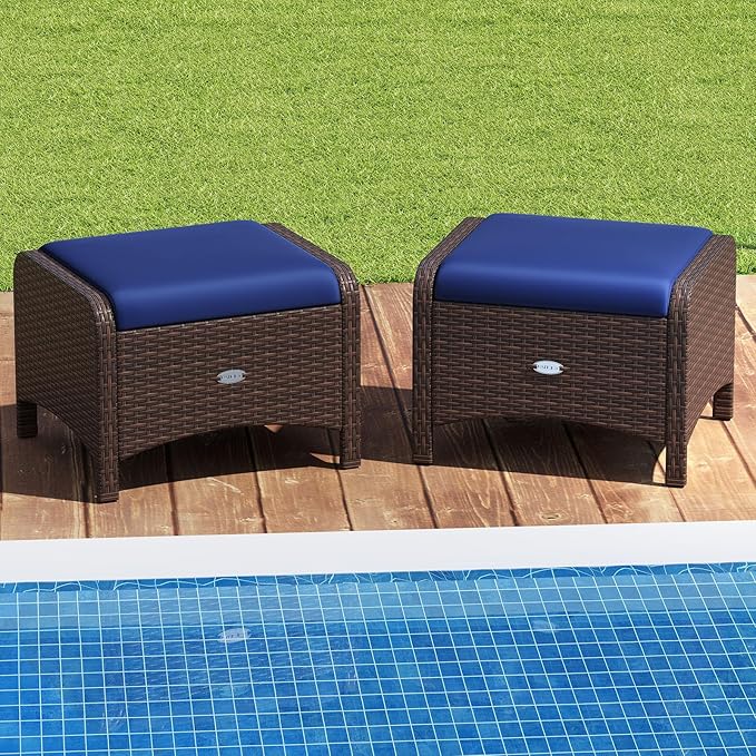 Tangkula 2 Pieces Outdoor Patio PE Wicker Ottomans with Removable Cushions, Outdoor Furniture for Additional Seating - Photo 2