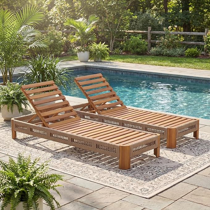 Christopher Knight Home Lamon Acacia Wood Chaise Lounge Chair Outdoor Set of 2, Woven Rope Accents - Photo 1