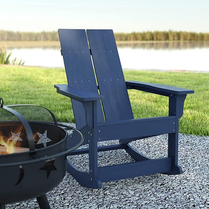 EMMA + OLIVER Harmon Adirondack Rocking Chair - Navy Poly Resin - Suitable for Indoor/Outdoor Use - All Weather Materials - Easy Assembly - 350 lb. Weight Capacity