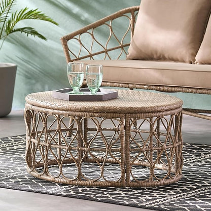 Boho Round Coffee Table - Circular Rattan Patio Coffee Tables, All-Weather and Rust Resistant, Bohemian Design Outdoor Furniture for Patio, Poolside, Garden, Yard, Backyard, Balcony