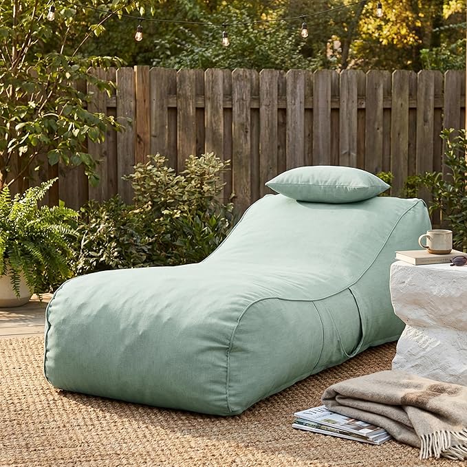 Christopher Knight Home Morton Outdoor Bean Bag Chair, Fabric Bean Bag Chair for Adults and Kids, Indoor/Outdoor Sun Lounger with Headrest, Patio Chaise Lounge Chair, Mint