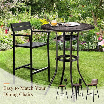 VINGLI Outdoor Bar Table, Cast Aluminum Bar Height Patio Table with Umbrella Hole, Patio Dining Table Tall Bistro Table Outdoor Furniture for Garden Porch Yard and Balcony 32" Dia x 41 H (Bronze)…