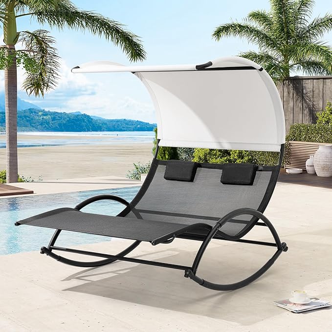 Crestlive Products Outdoor Double Chaise Lounge Chair with Canopy & Wheels, 2 Person Patio Rocking Lounge Chair with Sun Shade & Headrests for Garden, Backyard, Poolside (Black)