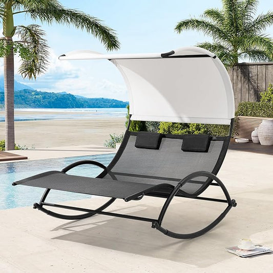 Crestlive Products Outdoor Double Chaise Lounge Chair with Canopy & Wheels, 2 Person Patio Rocking Lounge Chair with Sun Shade & Headrests for Garden, Backyard, Poolside (Black)