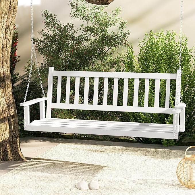 Tangkula 3 Person Wooden Porch Swing, Hanging Patio Swing with 2 Adjustable Galvanized Metal Chains, Slatted Back & Seat - Photo 8