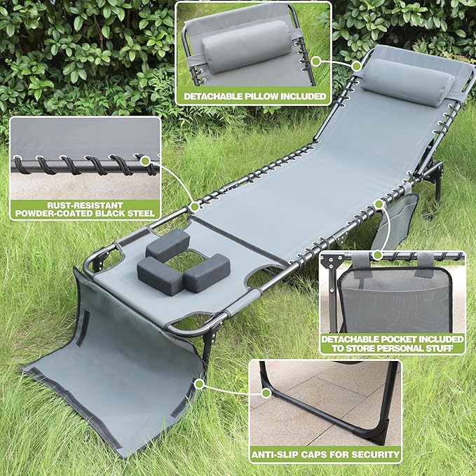 Foldable Outdoor Chaise Lounge Chair with Face & Arm Hole, Portable Tanning Chair with 5-Position Adjustable Back, Detachable Pillow and Pocket for Patio, Beach and Pool, Gray