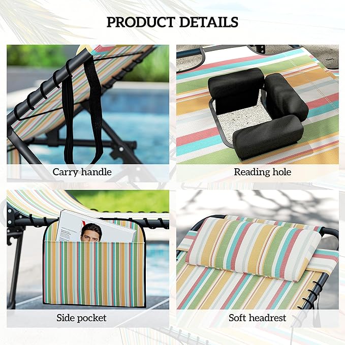 Outsunny 2 Piece Folding Chaise Lounge with 5-Level Reclining Back, Tanning Chair with Face Hole, Outdoor Lounge Chair with Side Pocket & Headrest for Beach, Yard, Patio, Rainbow Striped