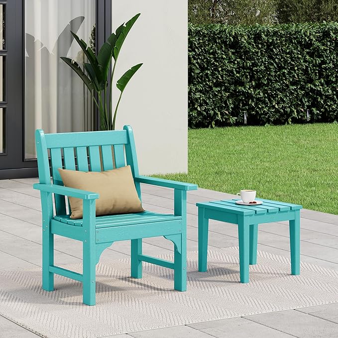 Costaelm Outdoor Patio Table and Chairs Set of 2, 2-Piece HDPE Garden Chair with Square Adirondack Side Table Set, Porch Chairs Coffee Table for Outside Porch Backyard, Turquoise