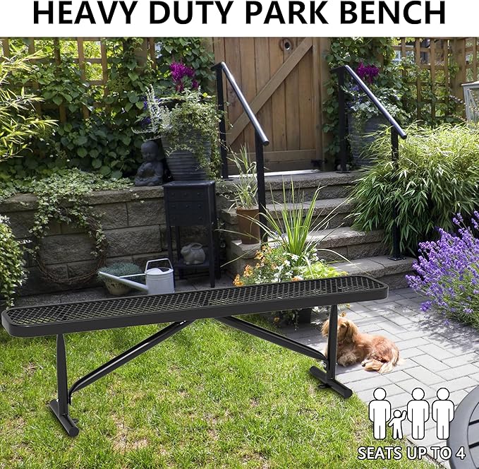 6 FT Park Bench-Outdoor Steel Flat Bench,Metal Backless Benches for Outside, School Benches Commercial Heavy Duty Rectangular Black Park Bench Patio Bench for Garden, Porch, and Park