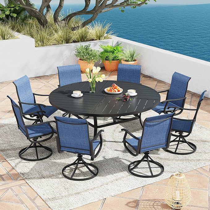 Patio Dining Table for 8-10, Round Metal Outdoor Table with Storage Shelf, 1.57" Umbrella Hole - Photo 2