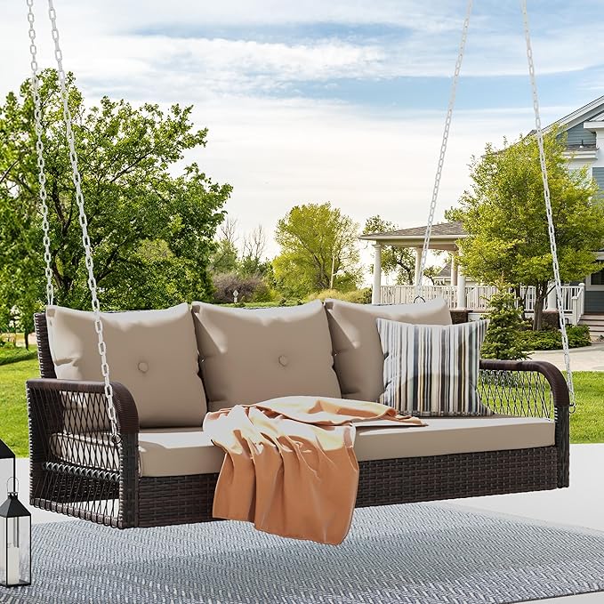 DWVO 3 Seats Porch Swing Hanging Bench Swing Outdoor Wicker Patio Swing Lounge Front Rattan 794lbs for Garden, Balcony - Photo 1