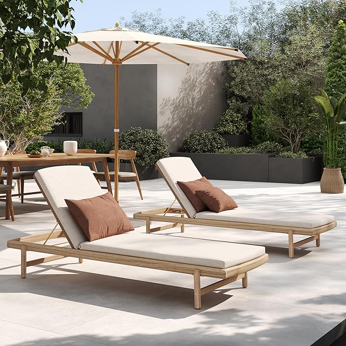 Christopher Knight Home Brolen Acacia Wood Chaise Lounge Chair Outdoor Set of 2, Patio Outdoor Chaise Lounge with Cushions, Adjustable Backrest Lounge Sofa, Wooden Sunbathing Pool Lounger, Teak+Beige