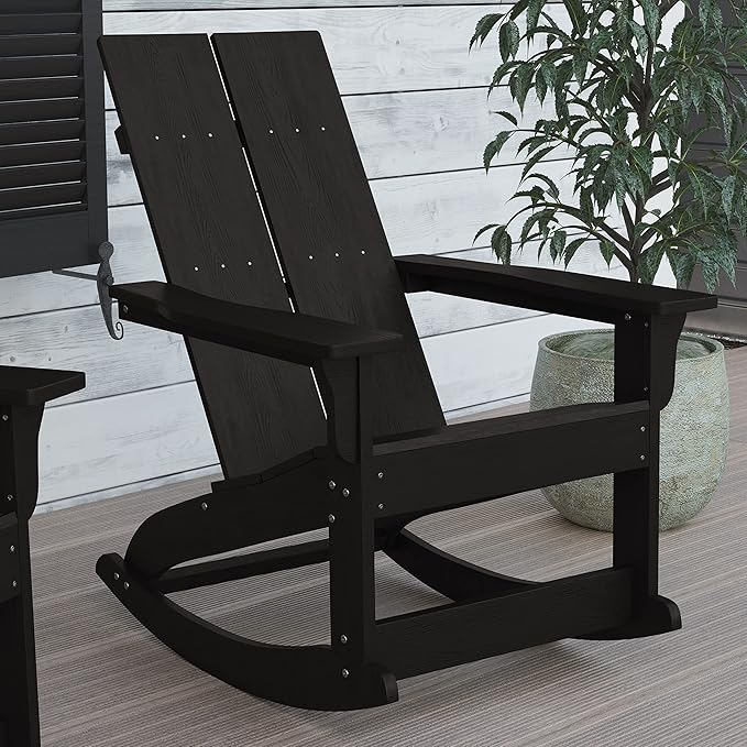 Flash Furniture Finn Modern Commercial Poly Resin Wood Adirondack Rocking Chair - All Weather Black Polystyrene - Dual Slat Back - Stainless Steel Hardware - Set of 2