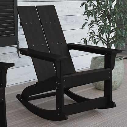 Flash Furniture Finn Modern Commercial Poly Resin Wood Adirondack Rocking Chair - All Weather Black Polystyrene - Dual Slat Back - Stainless Steel Hardware - Set of 2