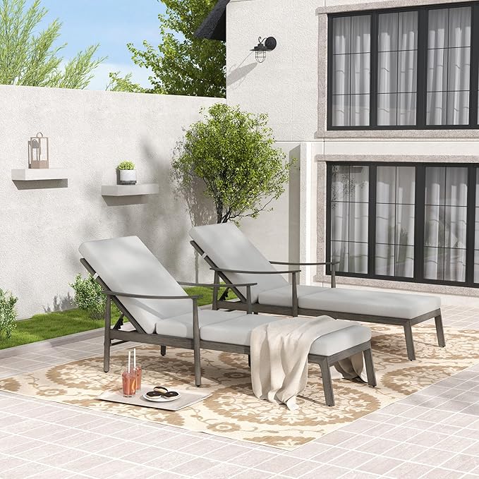 Outdoor Lounge Chairs with Armrest, 2 PCS Patio Aluminum Chaise Lounge Set Outdoor, Adjustable Backrest with Rope Design, Patio Recliner Chairs Cushions for Lawn Pool Beach (Grey)