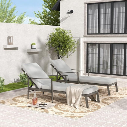Outdoor Lounge Chairs with Armrest, 2 PCS Patio Aluminum Chaise Lounge Set Outdoor, Adjustable Backrest with Rope Design, Patio Recliner Chairs Cushions for Lawn Pool Beach (Grey)