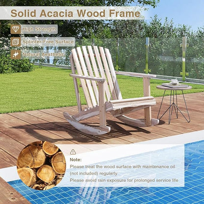 Tangkula Adirondack Rocking Chair, Acacia Wood Patio Rocker with Slatted Seat & High Fanned Back, DIY Colors. Rustic Outdoor Log Rocking Seat Furniture for Backyard, Porch, Garden (Natural, 1 Pack)