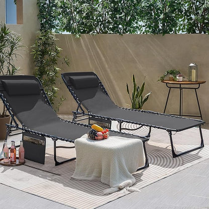 Flamaker Foldable Chaise Lounge Chair 5-Position Adjustable, Tanning Chair with Side Pocket, Outdoor Sunbathing for Pool, Beach, Patio, Lawn, Indoor Recliner Chair for Napping(Grey, 1 Pcs)