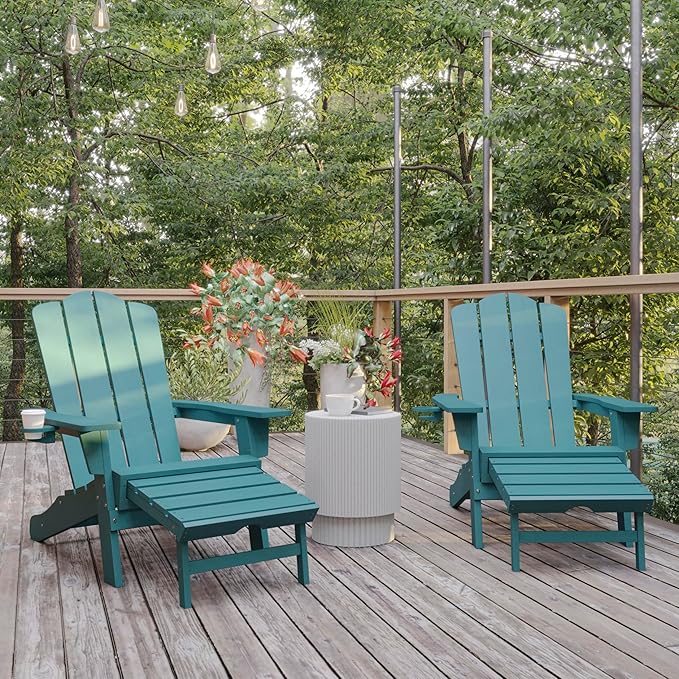 Flash Furniture Newport Adirondack Cup Holder and Pull Out Ottoman, All-Weather HDPE Indoor/Outdoor Lounge Chair, Set of 2, Blue