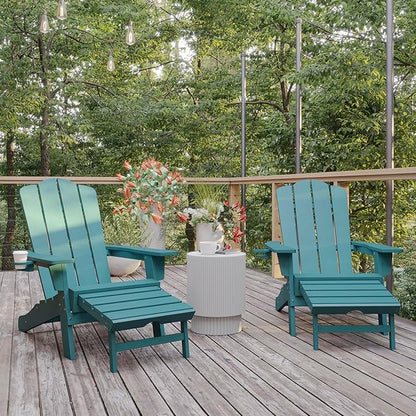 Flash Furniture Newport Adirondack Cup Holder and Pull Out Ottoman, All-Weather HDPE Indoor/Outdoor Lounge Chair, Set of 2, Blue