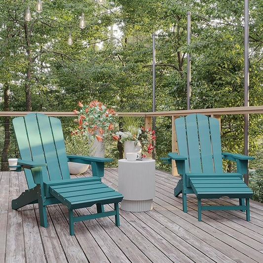 Flash Furniture Newport Adirondack Cup Holder and Pull Out Ottoman, All-Weather HDPE Indoor/Outdoor Lounge Chair, Set of 2, Blue