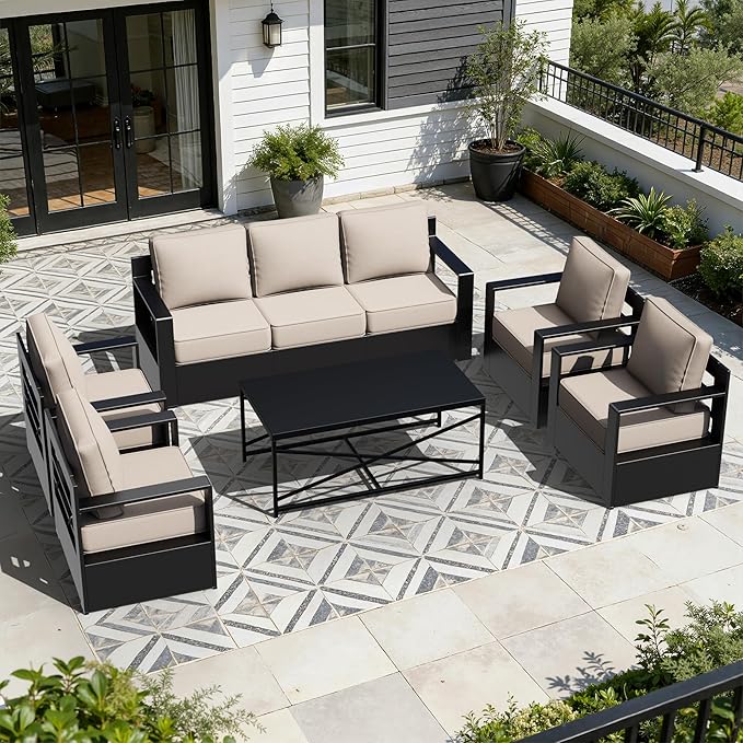 Outdoor Aluminum Furniture Set, 6-Piece Patio Conversation Set, 4 Chairs 1 Sofa and 1 Table, All-Weather Metal Frame, 6" Thick Removable Cushions, Deep Setting for Garden, Poolside and Porch